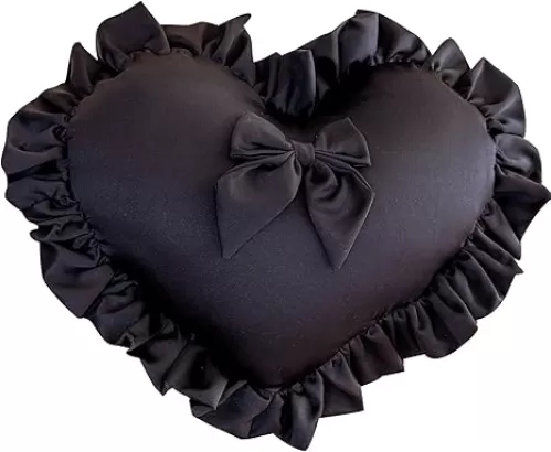 MOJUN Black Heart Pillow, Soft Heart Shaped Pillow with Bow Ruffle Design Love Room Decor Pillows for Sofa Bed Chair Cute Heart Shaped Throw Pillow Cushion for Bedroom Living Room