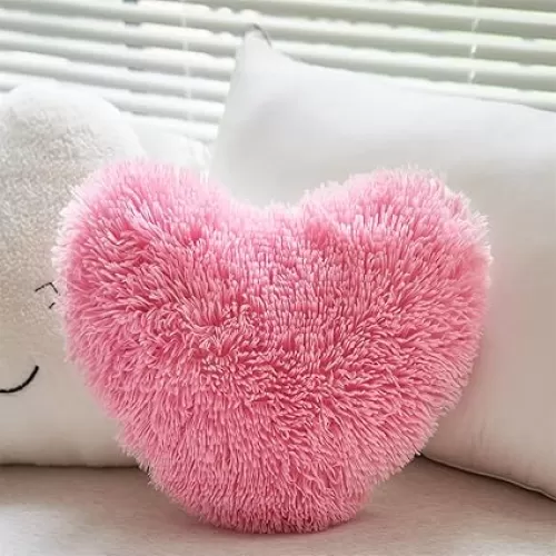 MOOWOO Fluffy Heart Pillow, Dark Pink Faux Fur Throw Pillow, Sherpa Plush Fluffy, Cute Soft Throw Cushion, Valentines Day, Thanks Giving Days, Christmas Day Decorative for Home Bed Couch Heart Shape