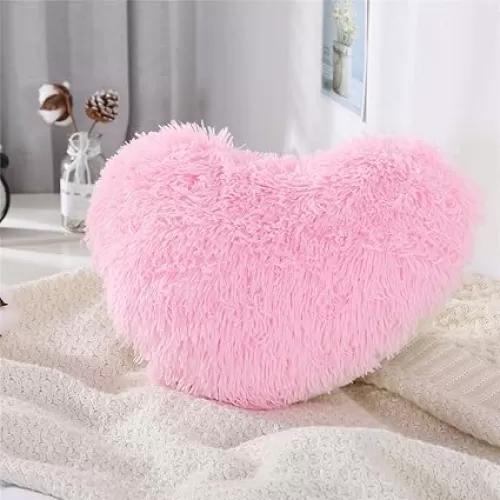 MOOWOO Pink Fluffy Heart Pillow, Shaggy Plush Faux Fur and Sherpa, Cute Soft Throw Cushion Valentines Day Decor for Mothers Day, Christmas Decorations, Love Heart Shaped Throw Pillow
