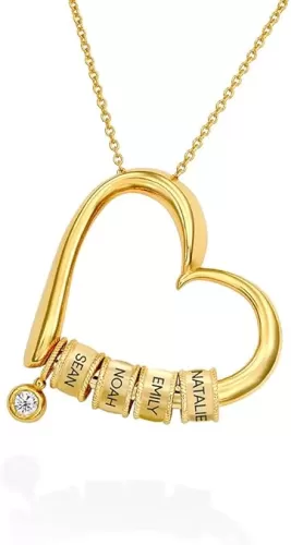 MYKA Personalized Charming Heart Necklace with Engraved Beads - Diamond Options - Custom Jewelry for Her, Women - Dainty Gift for Mother's Day, Christmas