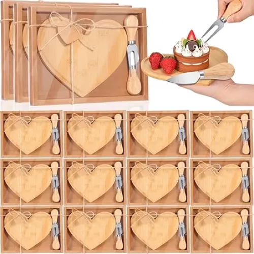 Nuogo 15 Set Bridal Shower Party Favors for Guests Gifts Heart Shaped Cheese Board Knife Fork Set Bamboo Charcuterie Cutting Board with Thank You Tag and Boxes for Wedding Baby Shower Valentine