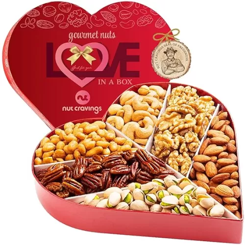 NUT CRAVINGS Fathers Day Gourmet Dad Treats - Mixed Nuts Heart Shaped Gift Basket, Love in A Box (6 Assortments) Romantic Food Arrangement, Healthy Snack Care Package, Kosher