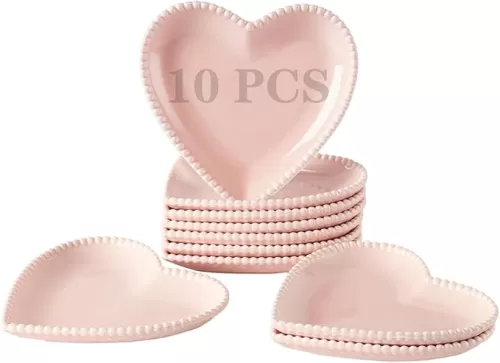 OMAYKEY 6.3 Inch Ceramic Dessert Plates, Small Salad Plates, Porcelain Heart Shaped Appetizer Plates, Dinner Plates for Cake, Snack, Ice Cream, Microwave, Oven, Dishwasher Safe, Pink - Set of 10