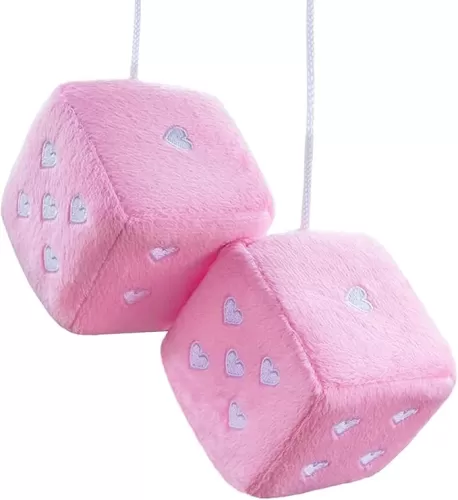 Pair 3” Pink Fuzzy Plush Dice Heart Shape Decor for Car Rearview Mirror, Retro Square Decoration Dice for Car Hanging Accessories