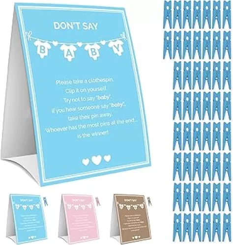 Party Hearty Baby Shower Games for Boy - Don't Say Baby Game, 1 Sign and 50 Mini Blue Clothespins, Ideas