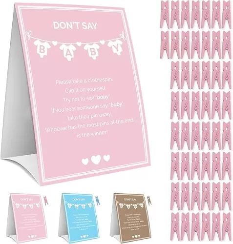 Party Hearty Baby Shower Games for Girl - Don't Say Baby Game, 1 Sign and 50 Mini Pink Clothespins, Ideas