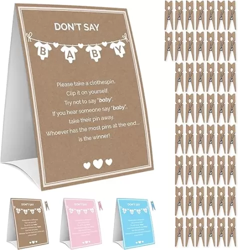 Party Hearty Baby Shower Games for Girl & Boy - Don't Say Baby Game, 1 Sign and 50 Mini Natural Clothespins - Ideas