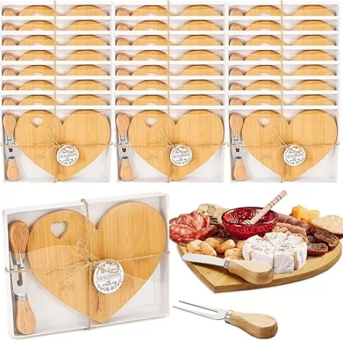 Patelai 24 Set Bridal Shower Favor Heart Cheese Board Cheese Knives Wood Mini Charcuterie Board Thank You Gift Box for Guest Bridal Baby Shower Prize Wedding Birthday Valentines (Bamboo Color)