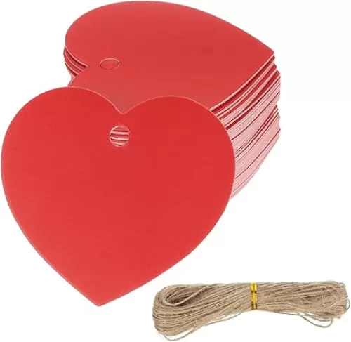 PATIKIL 100 Pcs Blank Gift Tags with String, 2x1.8 Inch Kraft Paper Tags Gift Bags Tags Heart Label with Holes for Wedding Holiday Party Favor Clothes Craft, Red