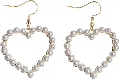 Pearl Heart Earrings for Women Pearl Heart Dangle Earrings for Women Heart Shaped Earrings Lover Earrings Tiny Pearl Earrings Pearl Jewelry for Women Birthday Holiday Gifts (Gold)