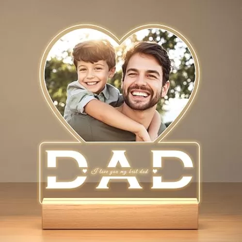 Personalized Fathers Day Dad Gifts for Dad from Daughter Son, Custom Heart Picture Frames with Photo, Customized Photo Frame with Night Light, Personalized Birthday Gifts for Dad Baby Kid Family