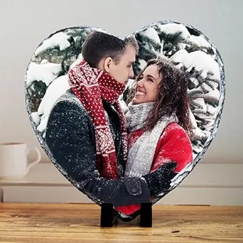 Personalized Photo Slate Plaque Frame, Customize Heart Round Square Shape Stone Picture, Custom Memorial Painting Gifts for Mothers Fathers Day Valentines Wedding Christmas (Heart)