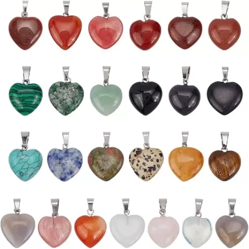 PH PandaHall 25pcs Heart Stone Charms, Crystal Chakra Stone Pendant Love Heart Shape Quartz Gemstone Charms Pendants for Mother Wedding Thanksgiving Necklace Jewelry Making