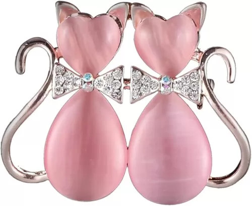 Pink Heart Cat Animal Rhinestone Brooch Pin for Women Girls Gold Plated Fashion Crystal Love Hearted Cat