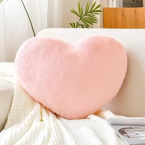 Pink Heart Pillows, Cute Heart Decorative Pillow, Heart Shaped Throw Pillows for Bed, Faux Rabbit Fur Plush Hoom Decor Pillow Cushion for Chair Sofa Living Room (Mini 12.9" x 9.8")