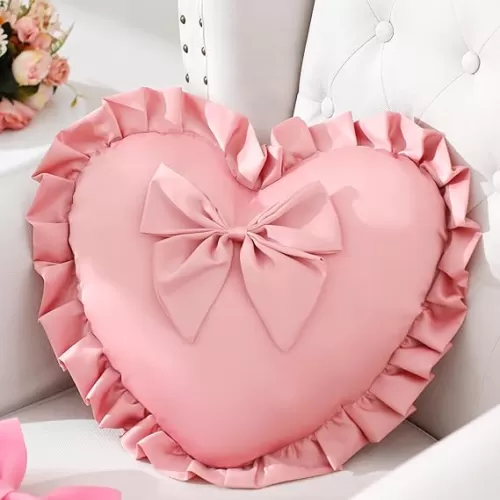 Pink Heart Ruffle Throw Pillow Heart Coquette Throw Pillow with Bow Decoration Preppy Girl Room Decorative for Sofa Bed Women Room Home 15.75 Inch