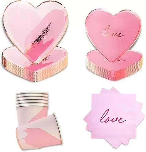 Pink Heart Shaped Party Tableware - Disposable Wedding Engagement Paper Plates Cups Napkins, Valentine’s Day, Baby Shower, Mother’s Day Tableware, Marry Me LOVE Themed Party Supply 68pcs