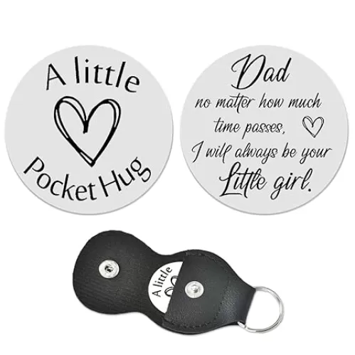 Pocket Hug Token Keychain Gift Dad Fathers Day Birthday gifts from Daughter Dad Daddy Father Christmas Presents for Men with PU Leather Keychains