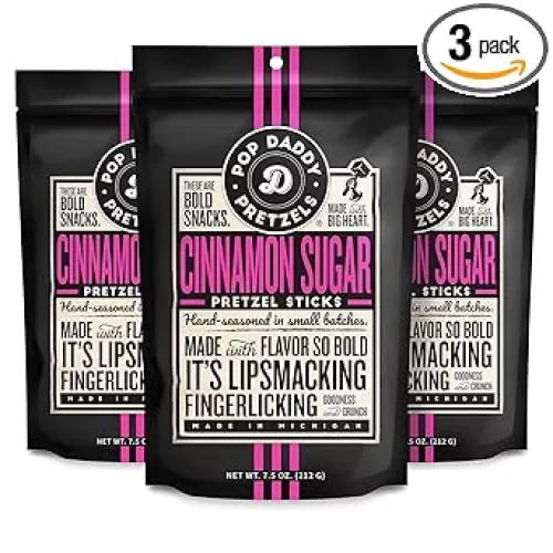 Pop Daddy Flavored Pretzels Sticks, Healthy Gourmet Pretzels Snacks, 7.5oz Individual Bags, 3 Pack, Cinnamon Sugar
