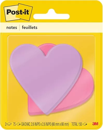 Post-it Notes, Heart Shape, Assorted Colors, 2.6x2.6 in, 2 Pads, 75 Sheets/Pad (7350-HRT)