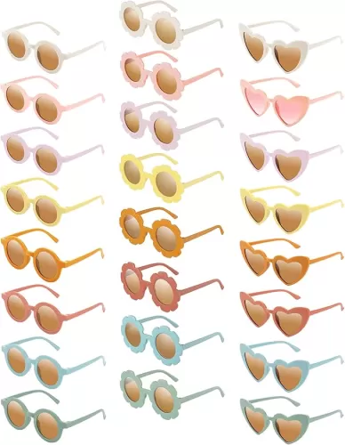 Queekay 24 Pcs Kids Flower Sunglasses Bulk Round Heart Shaped Toddler Sunglasses Colorful Beach Eyewear for Toddler Girl Boy Outdoor Holiday Parties End of the Year School Students Gifts