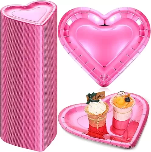 Remerry 100 Pcs Valentine Paper Plates Heart Shaped Disposable Plates 10. 6 x 9. 8 Inch Christmas Thick Dinner Paper Decorative Wedding Birthday Dishes(Pink)
