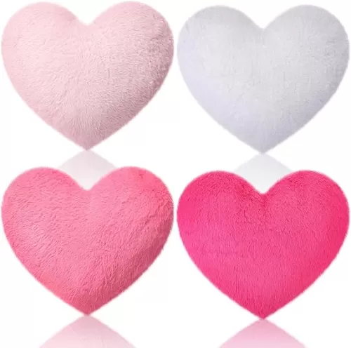 Remerry 4 Pcs Heart Shaped Cute Throw Pillows Faux Rabbit Fur Heart Pillow Fluffy Throw Cushion Decorative for Bedroom Bed Sofa Kid Girls Sleepover Part(Lovely)