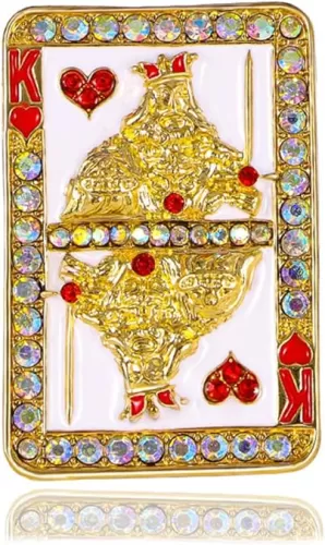 Rhinestone King of Hearts Poker Brooch for Women Unisex Alloy Gold Plated Fashion AB Crystal Red Love Heart Rectangle Brooches Lapel Pins Dainty Holiday Dress Accessories Jewelry