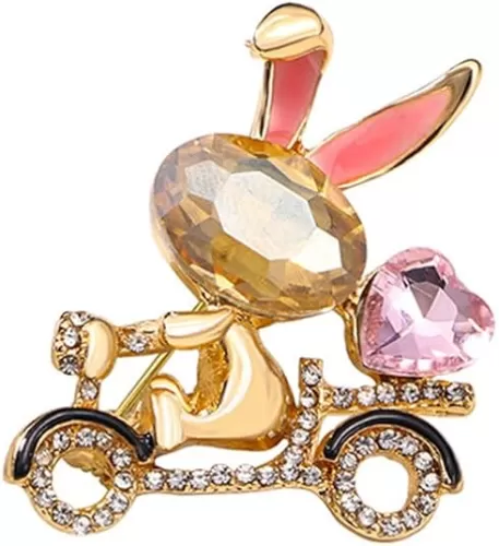Rhinestone Rabbit Carrying Love Heart Brooch Pin for Women Girls Teens Gold Plated Cute Crystal Cartoon Bunny Bike Brooches Lapel Pins Dainty Dress Accessories Easter Holiday Valentine Jewelry Gift Daughter Wife Pet-Lover