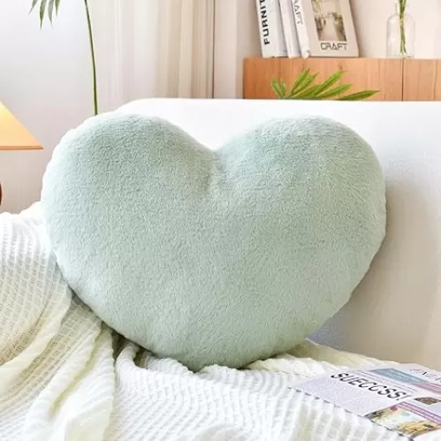 Sage Green Heart Pillows, Cute Heart Decorative Pillow, Heart Shaped Throw Pillows for Bed, Faux Rabbit Fur Plush Hoom Decor Pillow Cushion for Chair Sofa Living Room (Mini 12.9" x 9.8")