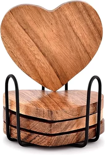Samhita Acacia Wood Heart Shape Coaster Set of 4 with Iron Holder for Coffee Table DÃ©cor Housewarming Gift New Home Kitchen DÃ©cor