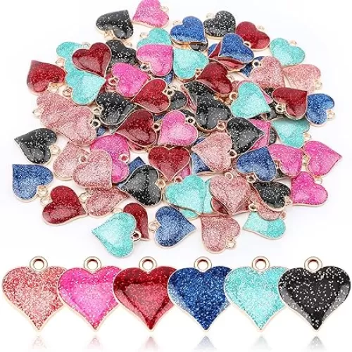 SANNIX Valentine's Day Charms with Jump Rings, Heart Shape Enamel Gold & Glitter Heart Charms Necklace, Bracelet, Earring Pendants for DIY Jewelry Making Crafts Supplies, 6 Colors