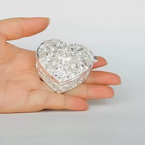 SEVENBEES Silver Heart Jewelry Trinket Box Bejeweled Heart Box with Hollow Flower Figurines Jewelry Boxes Ring Holder