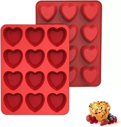 SILIVO Silicone Heart Muffin Pan (2 Pack) - Nonstick Silicone Molds for Baking, Cupcake Pan for Brownies, Tartlets and Egg Bites