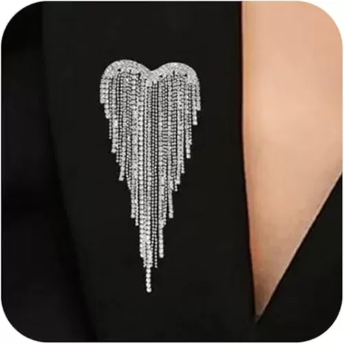 Silver Rhinestone Heart Brooch Pin for Women Sparkly Crystal Tassel Brooches Love Shaped Large Statement Lapel Pins Shiny Gold Graduation Jewelry