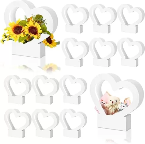 Sinmoe 12 Pcs Wedding/Baby Shower Heart Shaped Boxes for Flowers Gift Bag Empty Bouquet Gift Bags with Handle Folding Basket for Bridal Shower Anniversary Party Supplies(White)