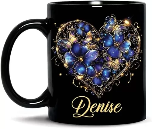 Sparking Flowers With Heart Shaped Cup, Custom Vibrant Butterfly Coffee Mug, Personalized Name Valentine Cup, Gift For Women, Customized Floral Ceramic Mug 11oz 15oz, Heart Black Cup