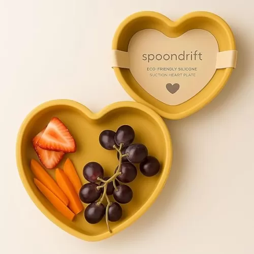 Spoondrift 100% Food Grade Silicone Suction Heart Plate | For Babies And Toddlers, BPA FREE, Diswasher Safe & Microwave Safe - Choose From 6 Colors (Yellow)