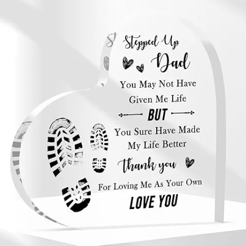 Step Dad Gifts from Daughter 3.9 Inch Heart Shape Acrylic Plaque Fathers Dad Gift for Step Dad Bonus Dad Birthday Gifts Christmas Gifts for Step Dad