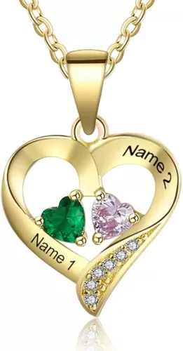 Sterling Silver Personalized 2 Names Necklace with 2 Heart Simulated Birthstone Couple Pendant Necklace for Women (Gold)