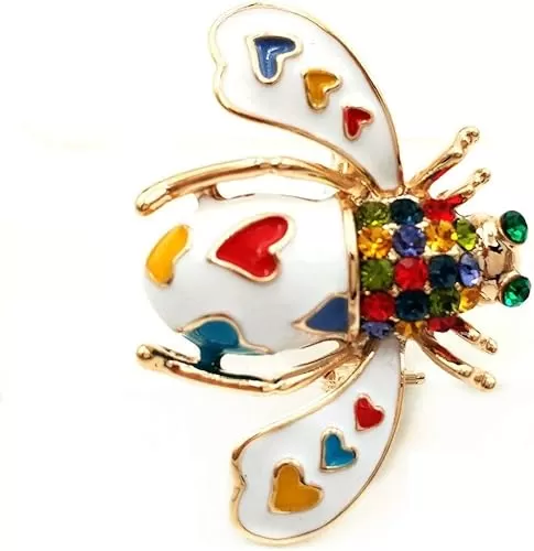 Super Cute Colored Heart Shaped Spotted White Bee Brooch Enamel Pin (White Bee)