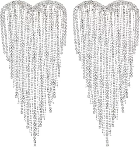 SUPERFINDINGS 2Pcs Rhinestones Tassel Brooches Heart Alloy Brooches Pin Corsage Lapel Pin, Collar Pin Brooch with Platinum Pin for Jackets Clothes Bags Scarf Dress, 14x6.3cm