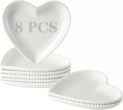 TAMAYKIM 7.5 Inch Porcelain Dessert Plates Set of 8, Heart Shaped Appetizer Plates, White Salad Dinnerware Set, Restaurant Dishes, Microwave, Oven & Dishwasher Safe, White with Pearl Dots