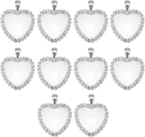 Teensery 10 Pcs Heart Shaped Pendant Trays Rhinestone Bezel Cabochon Pendant Trays Blank Pendant Charm Settings for DIY Jewelry Making (Silver)