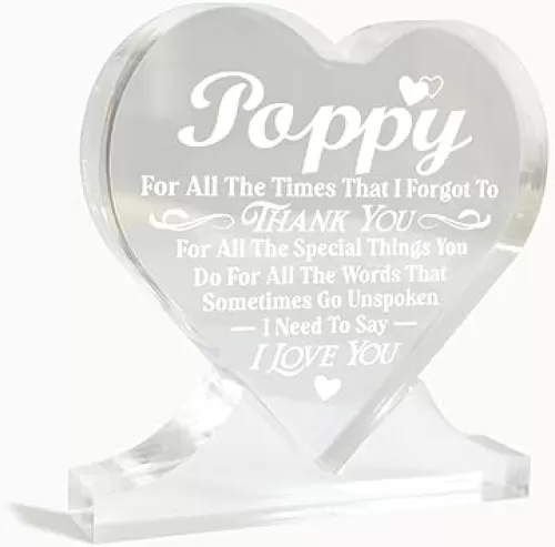 Thank You Gifts for Grandpa, Poppy Gifts, For All The Times That I Forgot To Thank You, Heart-Shaped Acrylic Sign, Acrylic Heart Gifts Decor Sign, Appreciation Gifts for Father