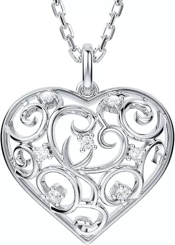 THELANDA Genuine Moissanite Sterling Silver 3D Filigree Heart-Shaped Pendant Necklace, Adjustable 18-20 Inch with Lobster Clasp, Elegant Fine Jewelry Gift for Women