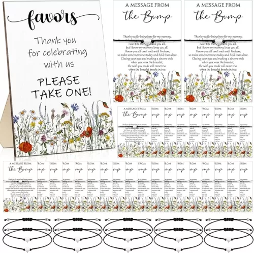 Thyle 50 Set Baby Shower Party Games Favors for Guests 50 Adjustable Heart Wish Bracelet 50 Message from the Bump Card 1 Wooden Baby Shower Game Sign Decor for Guest Return Gifts(Wildflower)