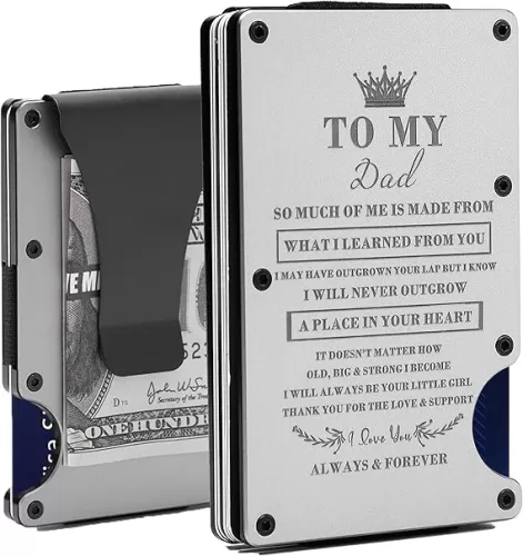 To My Dad Gift | Men Minimalist Personalized Engraved Metal Wallet for Daddy from Daughter | Custom Love Message Slim Aluminum Card Holder with Money Clip | Birthday Christmas Fathers Day Wedding bday