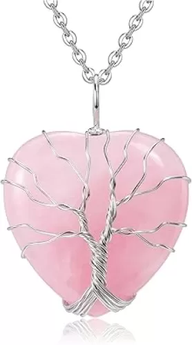 Top Plaza Natural Rose Quartz Healing Crytal Necklace Silver Life Tree Wire Wrapped Heart Shape Stone Pendant for Womens Girls Ladies