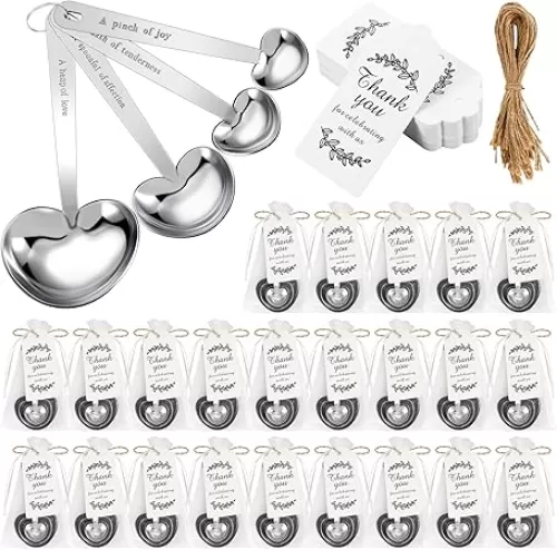 Umigy 50 Set Heart Shaped Measuring Spoon Tea Spoons Wedding Baby Shower Favors for Guests Set Heart Shape Drawstring Organza Bag Gift Tag Rope for Wedding Bridal Shower Souvenir (Silver)